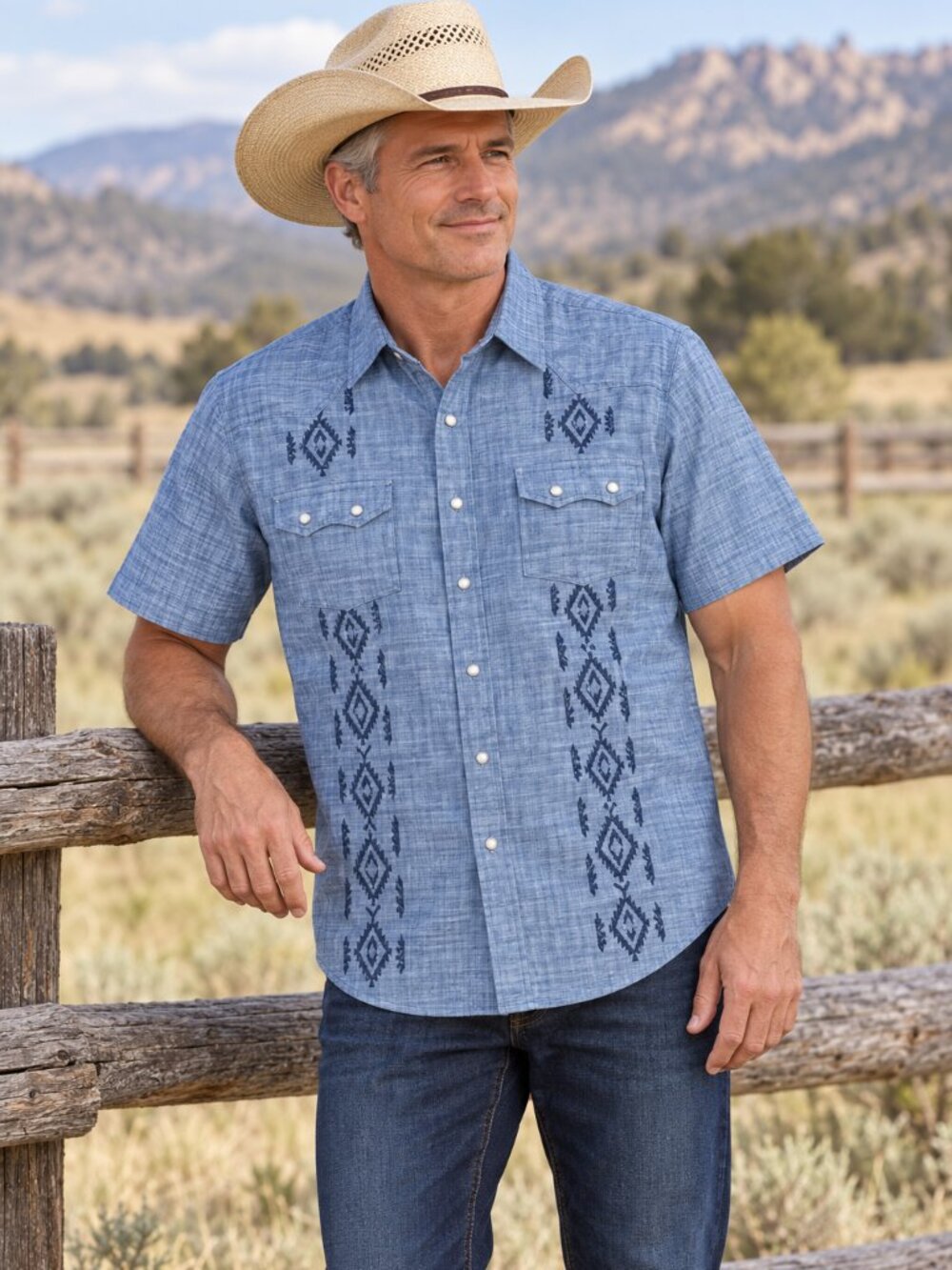 Panhandle Slim Vintage Blue Denim Aztec Embroidered Pearl Snap Western Shirt